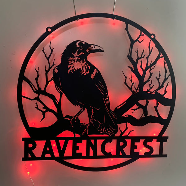 Custom Black Raven Metal Name Sign With Led Light, Personalized Crow Birds Metal Sign, Raven Monogram Metal Wall Art, Black Crow Metal Art