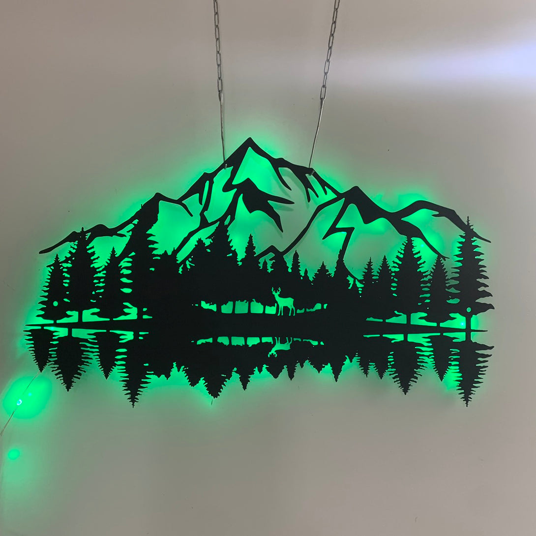 Mountain And Forest Metal Sign With Led Lights, Mountain And Tree Metal Sign, Natural Mountain Sign, Nature Wall Art