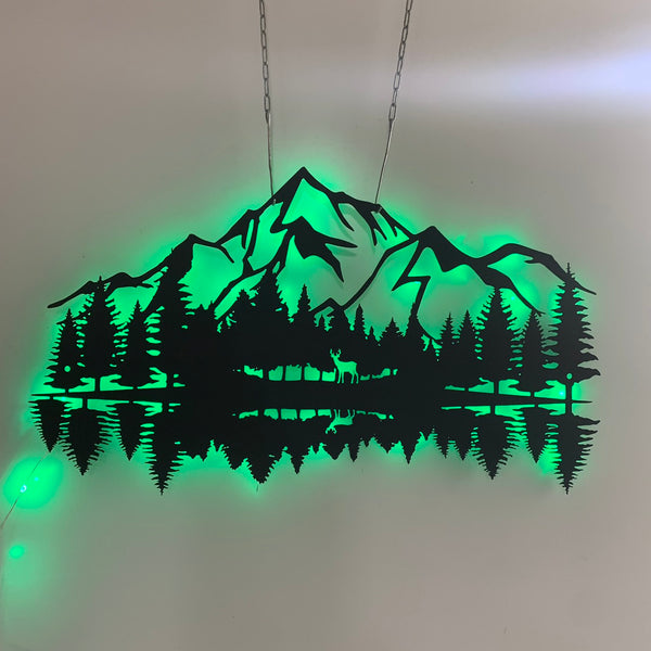Mountain And Forest Metal Sign With Led Lights, Mountain And Tree Metal Sign, Natural Mountain Sign, Nature Wall Art