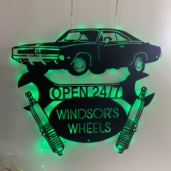 Personalized Car Garage Name Metal Sign With Led, Classic Car Sign For Garage, Custom Man Cave Metal Wall Art, Mechanic Workshop Led Sign