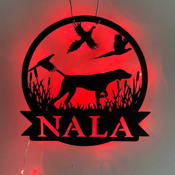 Personalized Hunting Dog & Pheasant Monogram Metal Sign With Led Lights, Custom Pheasant Hunters Name Sign, Bird Pheasant Hunting Wall Art, Hunting Season Led Sign