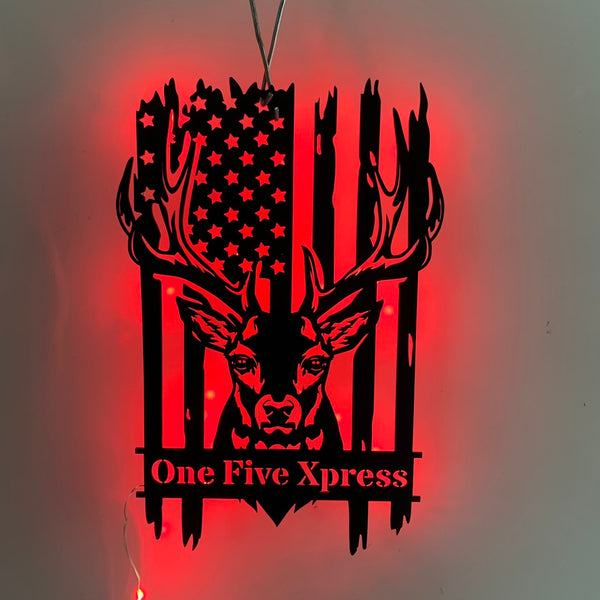Custom Us Flag Deer Hunting Metal Wall Art With Led, Buck Head Metal Sign, Personalized Deer Hunter Name Metal Wall Decor