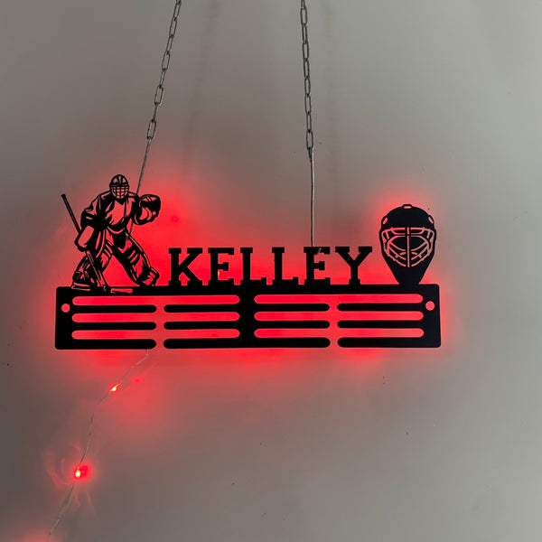 Personalized Hockey Goalie Medal Holder With Led Lights, Custom Ice Hockey Name Metal Holder, Personalized Player Name Sports Themed Wall Art