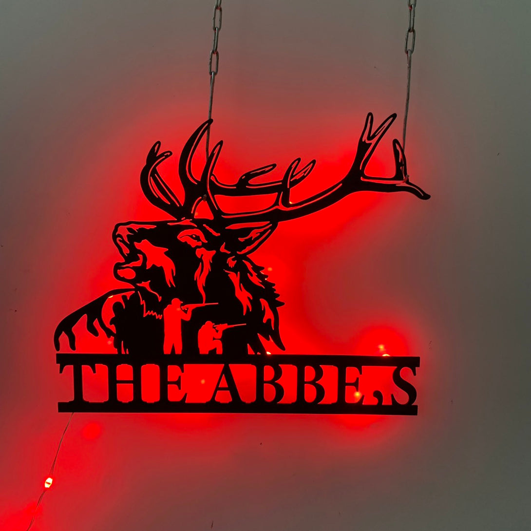 Custom Elk Deer Hunting Metal Wall Art With Led Light, Personalized Buck Head Hunter Name Sign, Antler Monogram Metal Led Sign