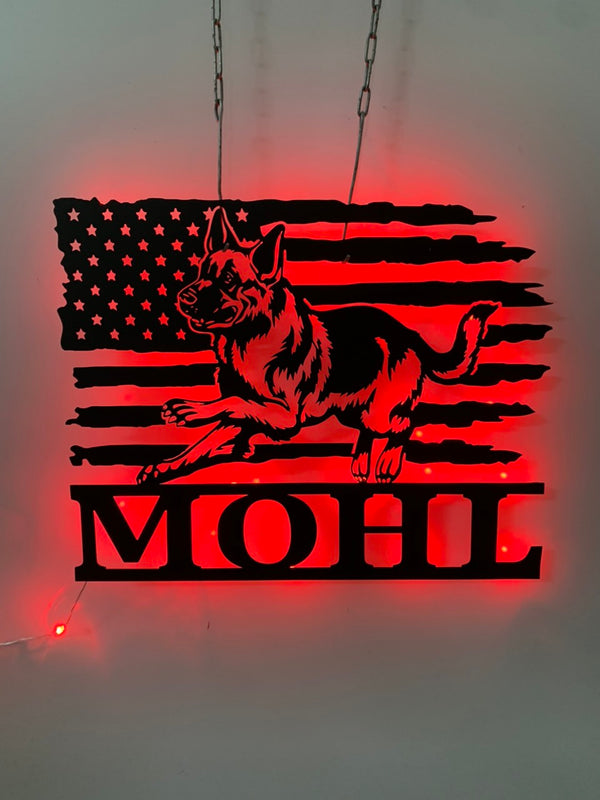 Personalized Us Police Dog Metal Sign With Led Lights, Custom American Flag K9 Dog Metal Name Sign, K9 Police Dog Lover Metal Wall Led Decor