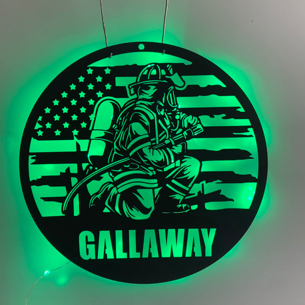 Custom Us Firefighter Metal Wall Art With Led Light, Personalized Usa Fireman Metal Name Sign, Custom Fire Department Metal Wall Sign Decor