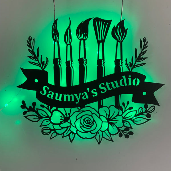 Custom Paintbrush Metal Wall Art Led Light, Personalized Artist Metal Name Sign, Art Studio Metal Wall Decor, Custom Painting Room Metal Sign