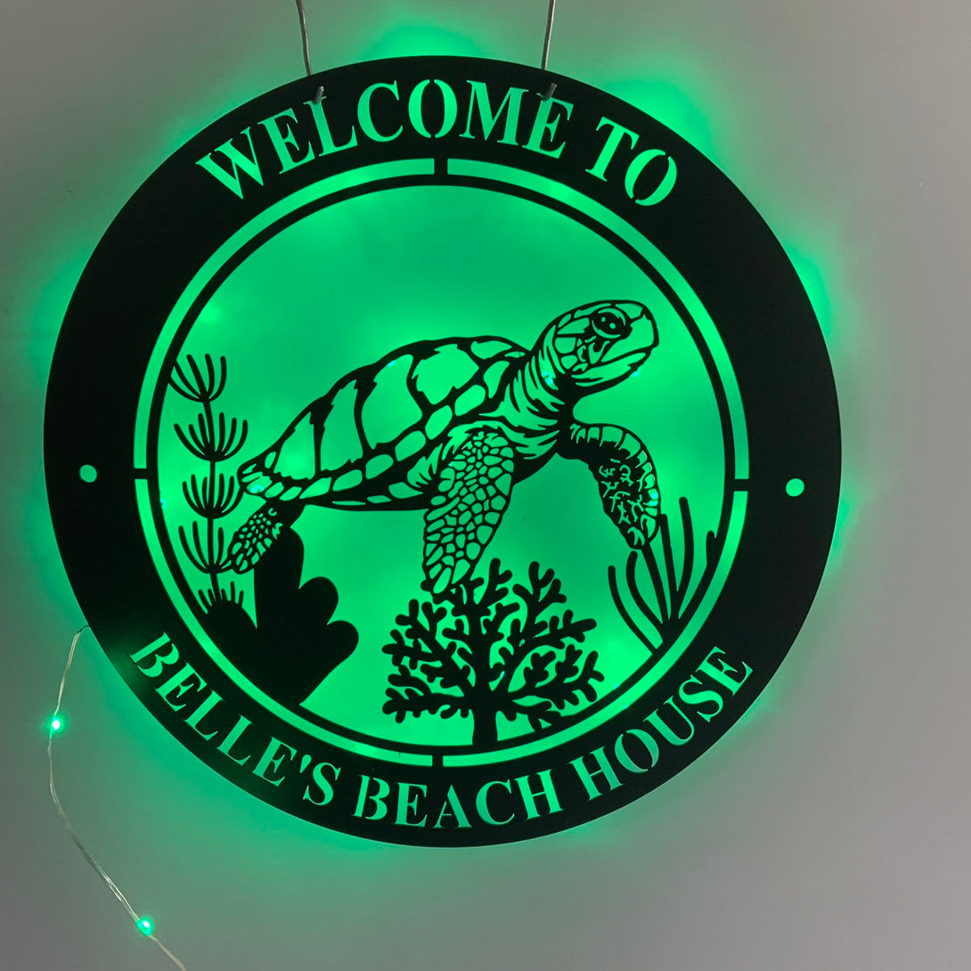 Personalized Sea Turtle Metal Sign Led Light, Custom Sea Turtle Monogram Metal Wall Art, Coral Sea Turtle Lake House Metal Decor, Turtle Beach Sign
