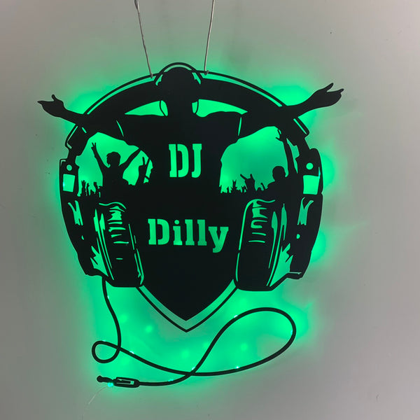 Personalized Dj With Headphone Metal Wall Art Led Lights, Custom Disc Jockey Music Studio Metal Name Sign, Musical Musician Room Metal Wall Decor