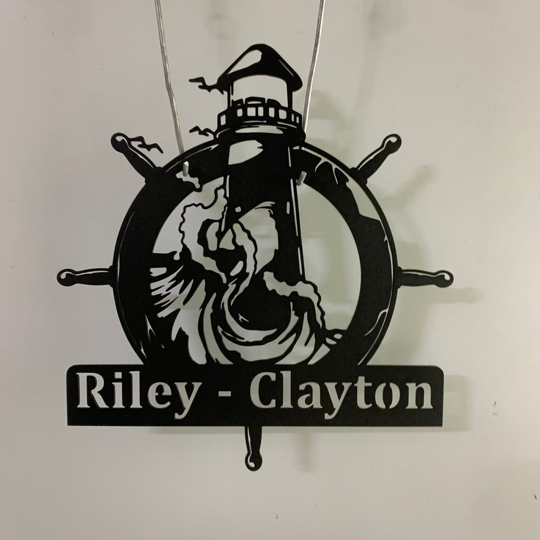 Personalized Lighthouse And Ship Wheel Metal Sign, Lighthouse Nautical Wheel Metal Wall Art, Nautical Metal Wall Sign, Coastal Metal Beach House Decor