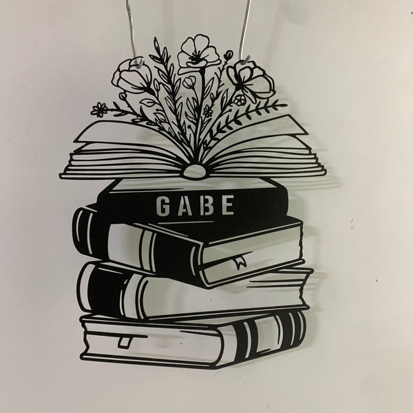 Custom Book With Flowers Metal Wall Art, Personalized Books Lovers Metal Name Sign, Stack Of Books Metal Sign, Bookworm Study Reading Room Metal Sign