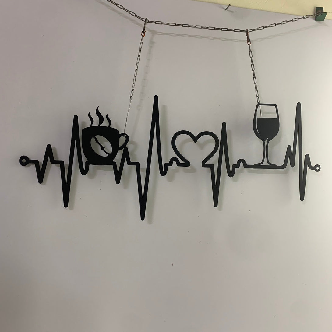 Coffee And Wine With Heartbeat Metal Wall Art, Coffee And Wine Bar Metal Decor, Metal Coffee Wine Bar Cocktail Sign, Patio Pool Bar Drink Metal Sign