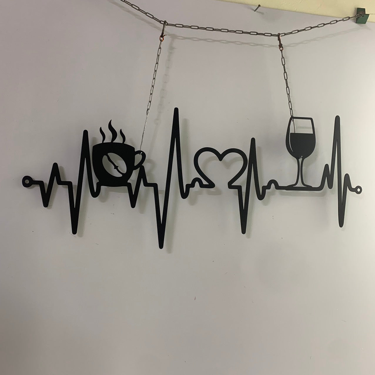 Coffee And Wine With Heartbeat Metal Wall Art, Coffee And Wine Bar Metal Decor, Metal Coffee Wine Bar Cocktail Sign, Patio Pool Bar Drink Metal Sign