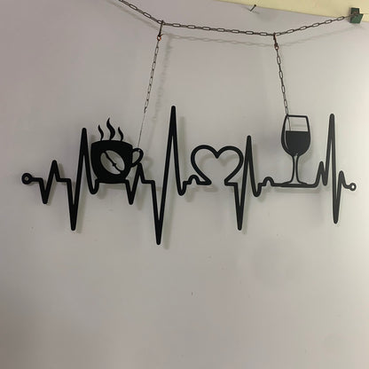 Coffee And Wine With Heartbeat Metal Wall Art, Coffee And Wine Bar Metal Decor, Metal Coffee Wine Bar Cocktail Sign, Patio Pool Bar Drink Metal Sign