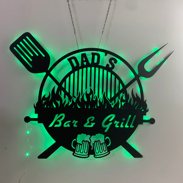 Custom Bar And Grill Metal Sign With Led Lights, Custom Name Bbq Metal Home Bar Sign, Backyard Kitchen Metal Wall Decor, Barbecue Metal Sign