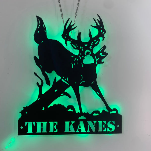Custom Deer Jumping Fence Metal Sign Led Lights, Personalized Deer Hunter Metal Wall Art, Deer Hunting Man Cave Cabin Metal Wall Hanging