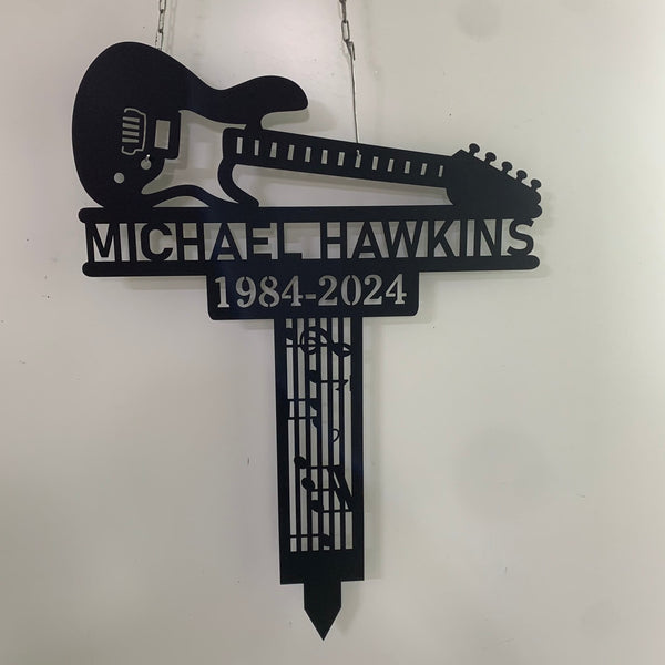 Custom Guitar Memorial Metal Plaque Stake, Personalized Guitarist Metal Garden Stake, Guitar Memorial Metal Cross Stake, Remembrance Yard Sign
