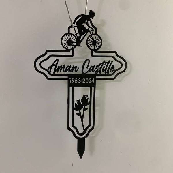 Personalized Cyclist Memorial Metal Stake, In Loving Memory Metal Yard Sign, Bicycle Biker Loss Grave Marker, Remembrance Stake, Biker Cross Sign