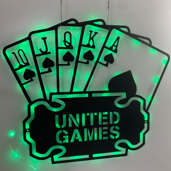 Custom Poker Cards Metal Wall Art Led Lights, Playing Cards Metal Sign, Personalized Casino Club Metal Sign, Game Zone Metal Wall Decor