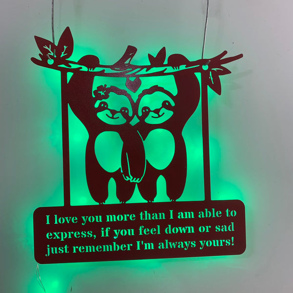 Custom Text Couple Sloth Love Metal Wall Art Led Lights Personalized Lazy Sloth Lover Metal Name Sign, Cute Couple Sloth Metal Decor