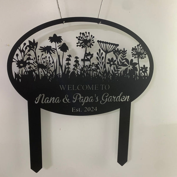 Custom Flower Garden Metal Stake, Personalized Name Gardener Metal Yard Sign, Welcome Garden Metal Sign With Stake, Gardening Metal Outdoor Stake