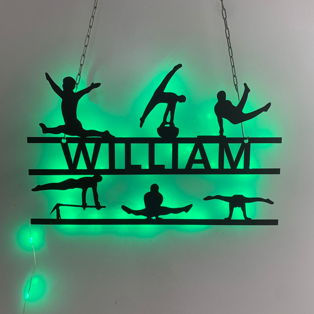 Custom Gymnastics Male Metal Wall Art Led Lights, Personalized Male Gymnast Metal Name Sign, Gymnastics Sport Kid Room Metal Wall Led Sign
