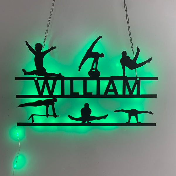 Custom Gymnastics Male Metal Wall Art Led Lights, Personalized Male Gymnast Metal Name Sign, Gymnastics Sport Kid Room Metal Wall Led Sign