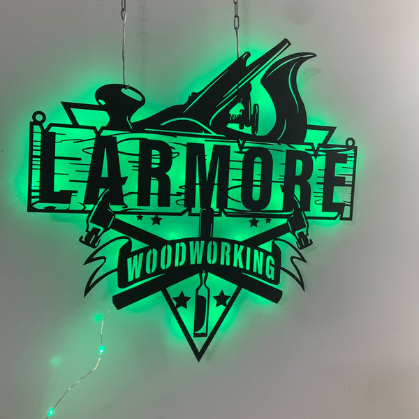 Custom Wood Shop Logo Metal Wall Art With Led Lights, Personalized Woodworker Metal Name Sign, Woodworker Cabin Man Cave Metal Wall Sign