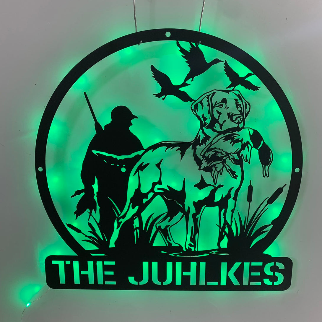Customized Dog Hunting Duck Metal Sign Led Light, Personalized Hunter Metal Name Sign, Dog Cattails Field Metal Wall Art, Hunter Man Cave Metal Sign
