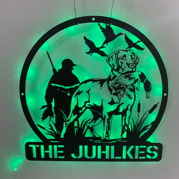 Customized Dog Hunting Duck Metal Sign Led Light, Personalized Hunter Metal Name Sign, Dog Cattails Field Metal Wall Art, Hunter Man Cave Metal Sign