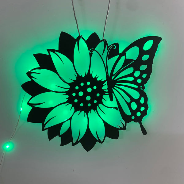 Butterfly With Sunflower Metal Wall Art Led Light, Sunflower Butterfly Metal Sign, Sunflower Farmhouse Metal Decor, Butterfly Flower Garden Metal Sign