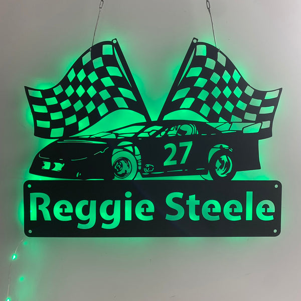 Personalized Racing Car Metal Wall Art Led Lights, Checkered Racing Car Metal Sign, Car Racing Metal Wall Sign, Car Garage Man Cave Metal Decor