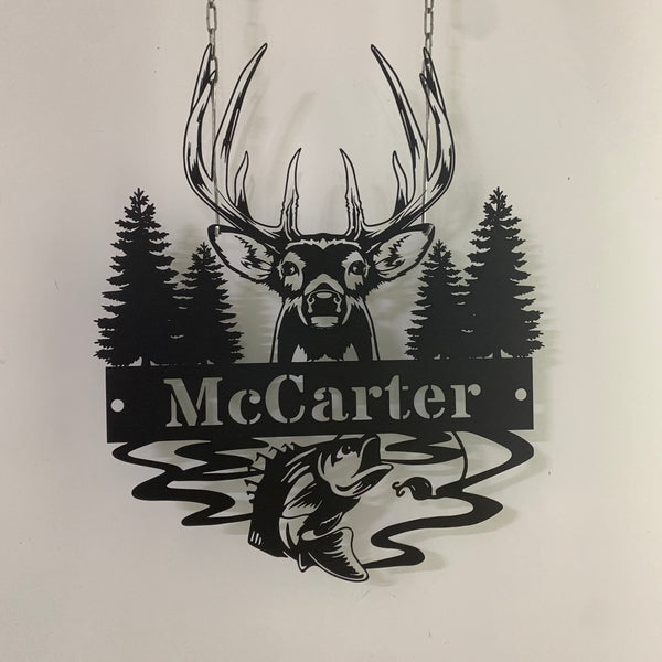 Custom Deer Hunting Fishing Metal Wall Art, Forest Deer Hunting Metal Wall Sign, Personalized Hunter Fisherman Metal Name Sign Cabin Decor