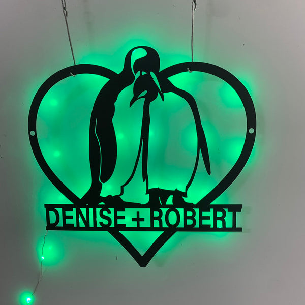 Custom Couple Penguin Love Metal Wall Art Led Lights, Personalized Heart Penguin Metal Sign With Couple Name, Penguin Couple Metal Wall Hanging Decor
