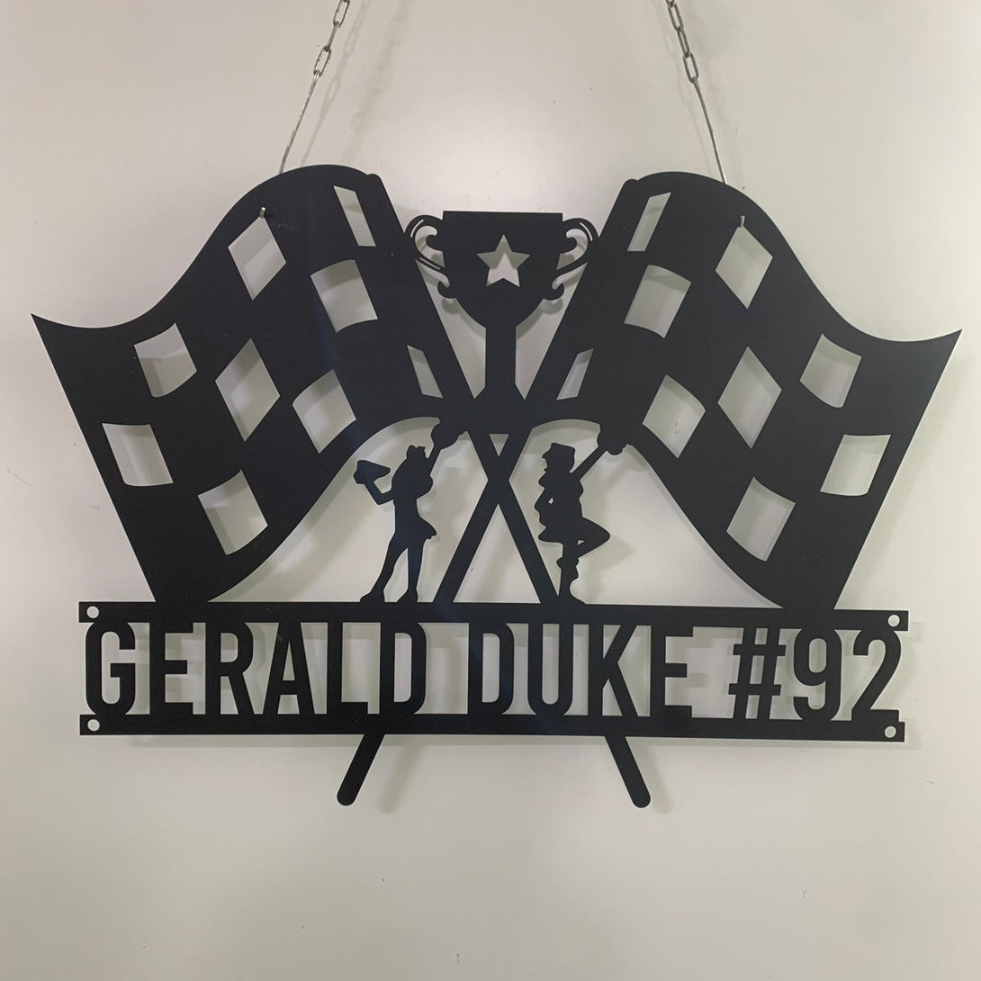 Personalized Racing Flag Metal Wall Art, Checkered Racing Flag Metal Sign, Car Racing Metal Wall Hanging, Car Racing Man Cave Garage Metal Wall Sign