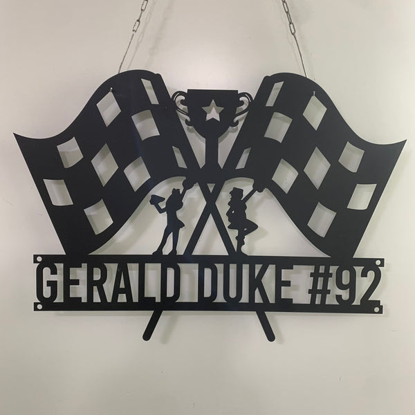 Personalized Racing Flag Metal Wall Art, Checkered Racing Flag Metal Sign, Car Racing Metal Wall Hanging, Car Racing Man Cave Garage Metal Wall Sign
