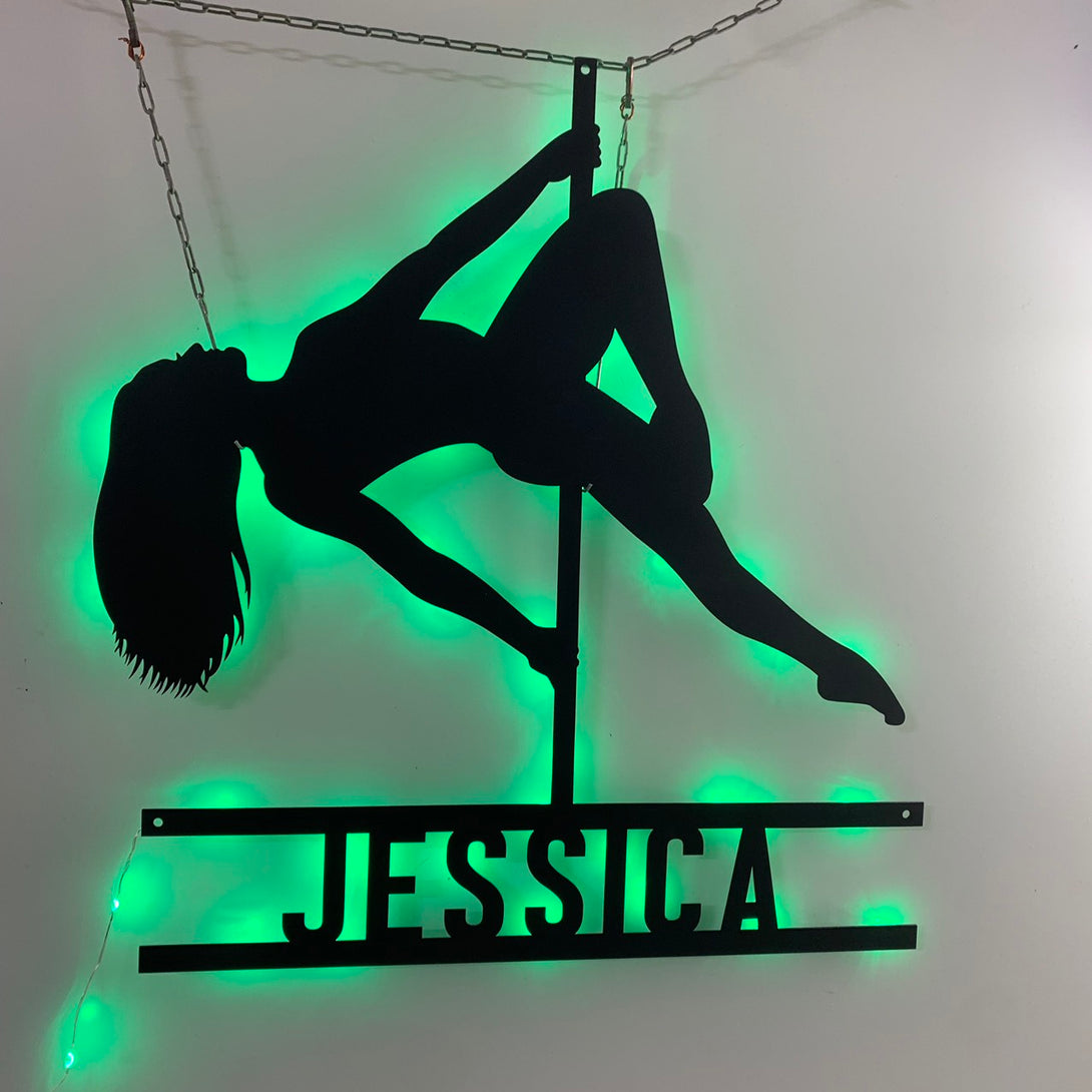 Custom Pole Dance Metal Wall Art With Led Lights, Personalized Name Girl Pole Dancing Metal Sign, Morden Dance Pole Dancing Metal Led Sign