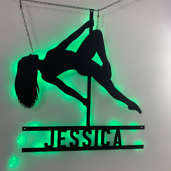 Custom Pole Dance Metal Wall Art With Led Lights, Personalized Name Girl Pole Dancing Metal Sign, Morden Dance Pole Dancing Metal Led Sign