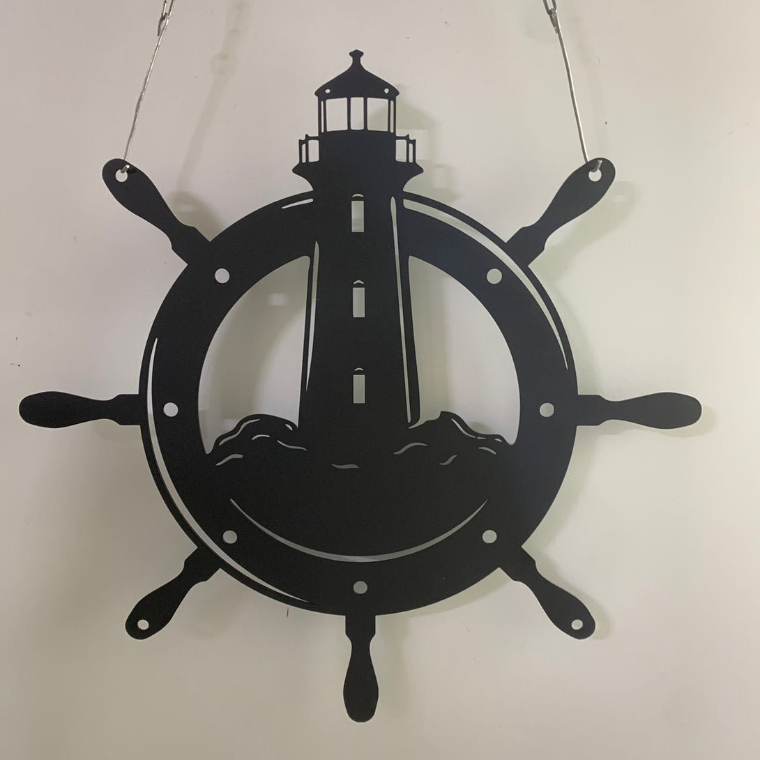Personalized Lighthouse And Ship Wheel Metal Sign, Lighthouse Nautical Wheel Metal Wall Art, Nautical Metal Wall Sign, Coastal Metal Beach House Decor