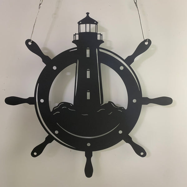 Personalized Lighthouse And Ship Wheel Metal Sign, Lighthouse Nautical Wheel Metal Wall Art, Nautical Metal Wall Sign, Coastal Metal Beach House Decor