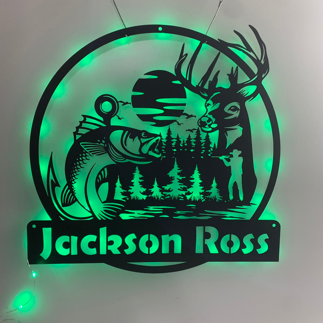 Custom Deer Hunting Fishing Metal Wall Art Led Lights, Personalized Deer Hunter Name Metal Wall Sign, Hunting Fishing Cabin Metal Name Sign