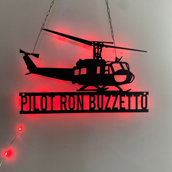 Custom Helicopter Metal Wall Art Led Lights, Personalized Pilot Metal Name Sign, Helicopter Hangar Man Cave Sign, Helicopter Pilot Metal Sign