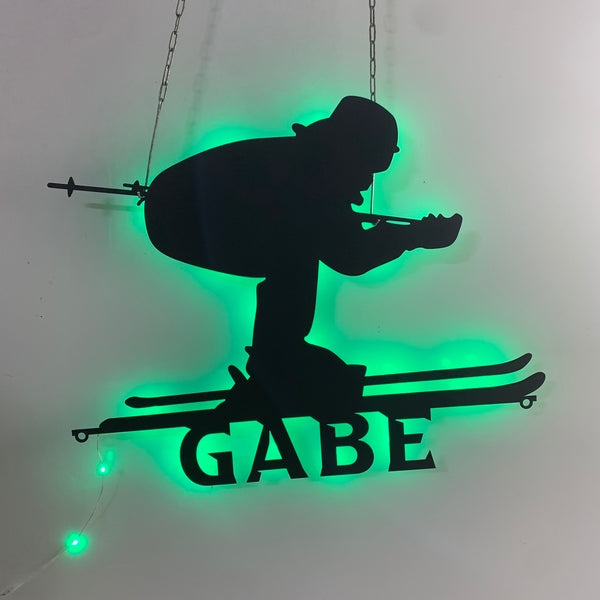 Custom Skiing Metal Wall Art With Led Lights, Personalized Skier Metal Name Sign, Skiing Winter Sports Metal Sign, Snow Skiing Lover Metal Sign