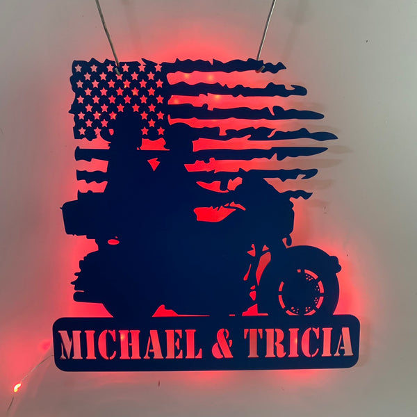 Custom Us Flag Motorcycle Couple Metal Wall Art Led Light, Personalized Dirt Bike Couple Metal Name Sign, Motocross Rider Man Cave Metal Wall Sign