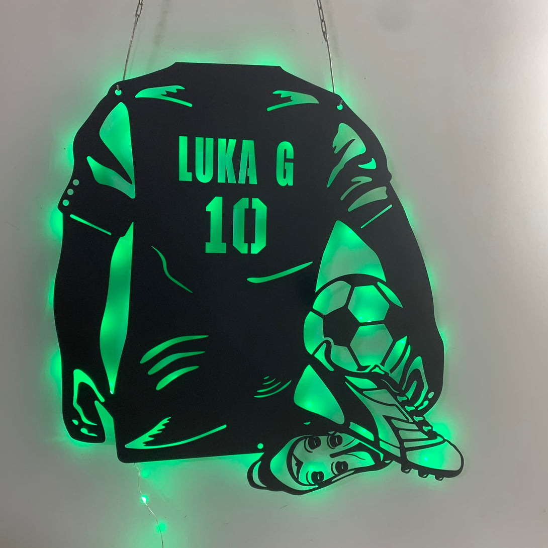 Custom Name Soccer Metal Wall Art With Led Lights, Personalized Football Player Metal Name Sign Home Decor, Soccer Sport Metal Kids Room Decor