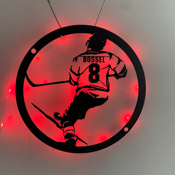 Custom Hockey Player Metal Wall Art With Led Lights, Personalized Hockey Player Name Number Metal Sign, Ice Hockey Sport Metal Wall Led Sign Decor
