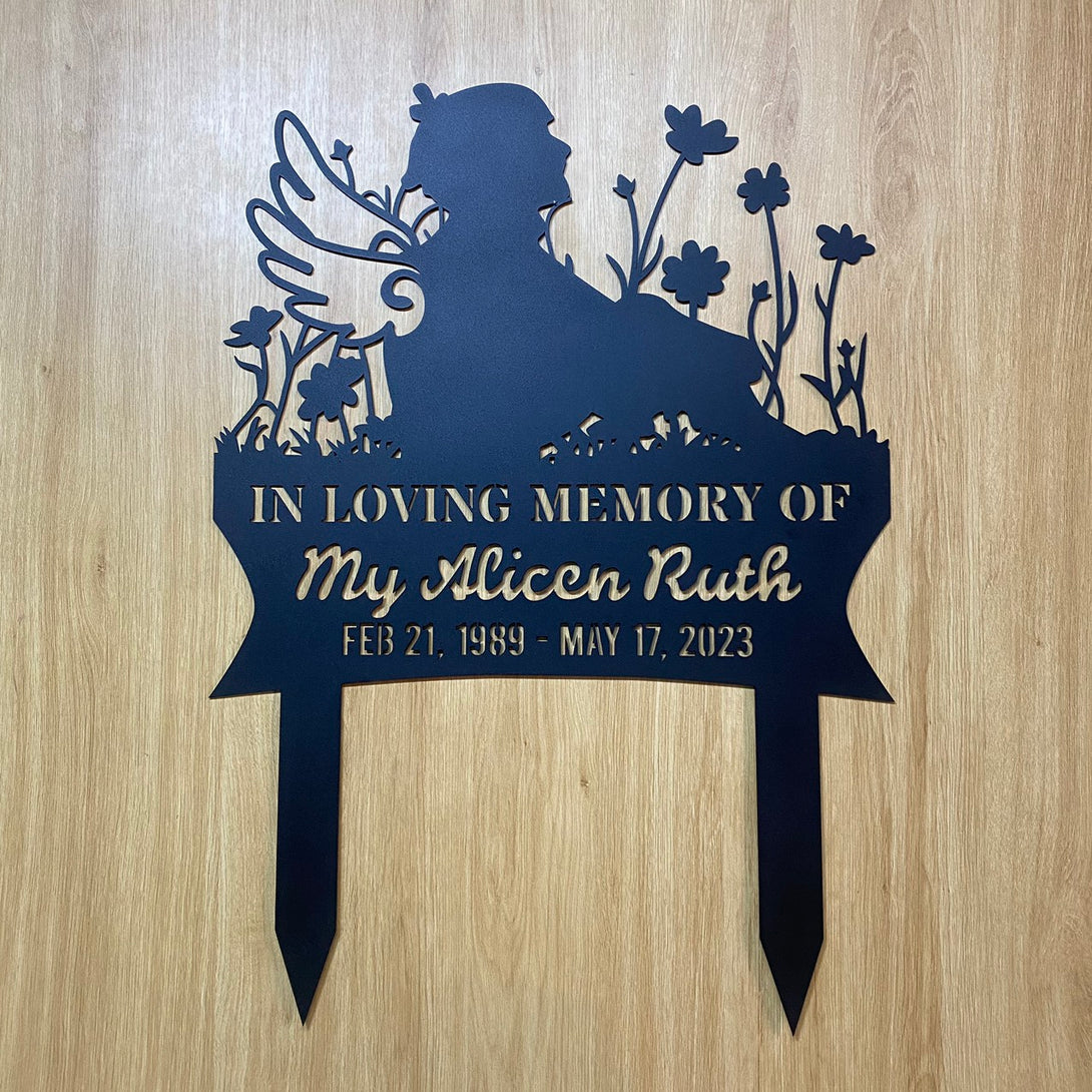 Personalized Floral Angel Wings Memorial Garden Stake, In Loving Memory Custom Sympathy Sign, Metal Memorial Plaque With Stake,metal Remembrance Stake