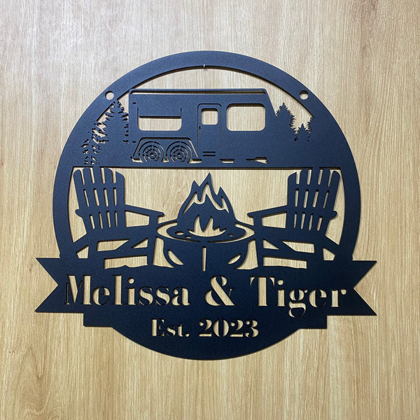 Personalized Fire Pit Camping Monogram Metal Wall Art, Custom Camping Van Rv Trailer Metal Wall Sign, Happy Camper Metal Sign Decor
