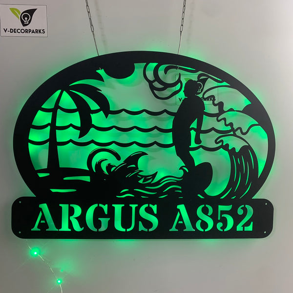 Custom Beach Wave Surfing Metal Sign Led Lights, Personalized Surfer Metal Name Sign, Hawaiian Summer Surfboarding Metal Wall Art Decor