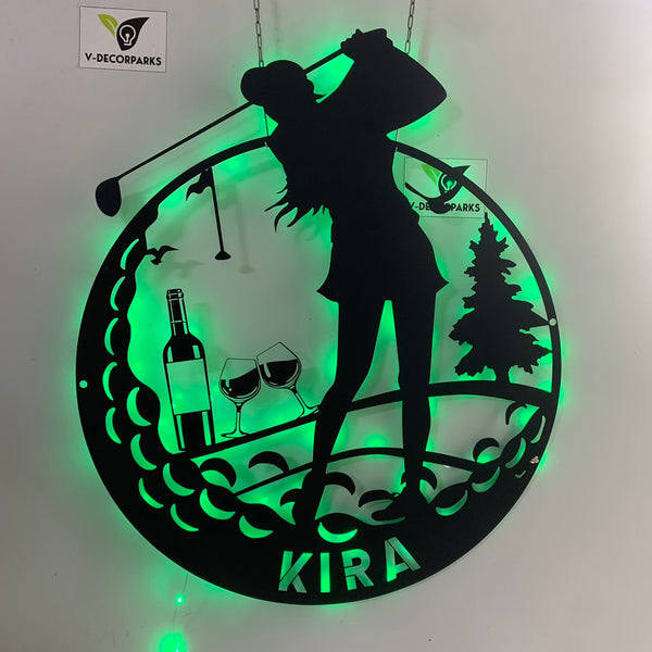 Custom Female Golfer Metal Wall Art Led Lights, Personalized Golf Player Metal Name Sign, Golfing Metal Wall Art, 19th Hole Metal Led Sign Decor